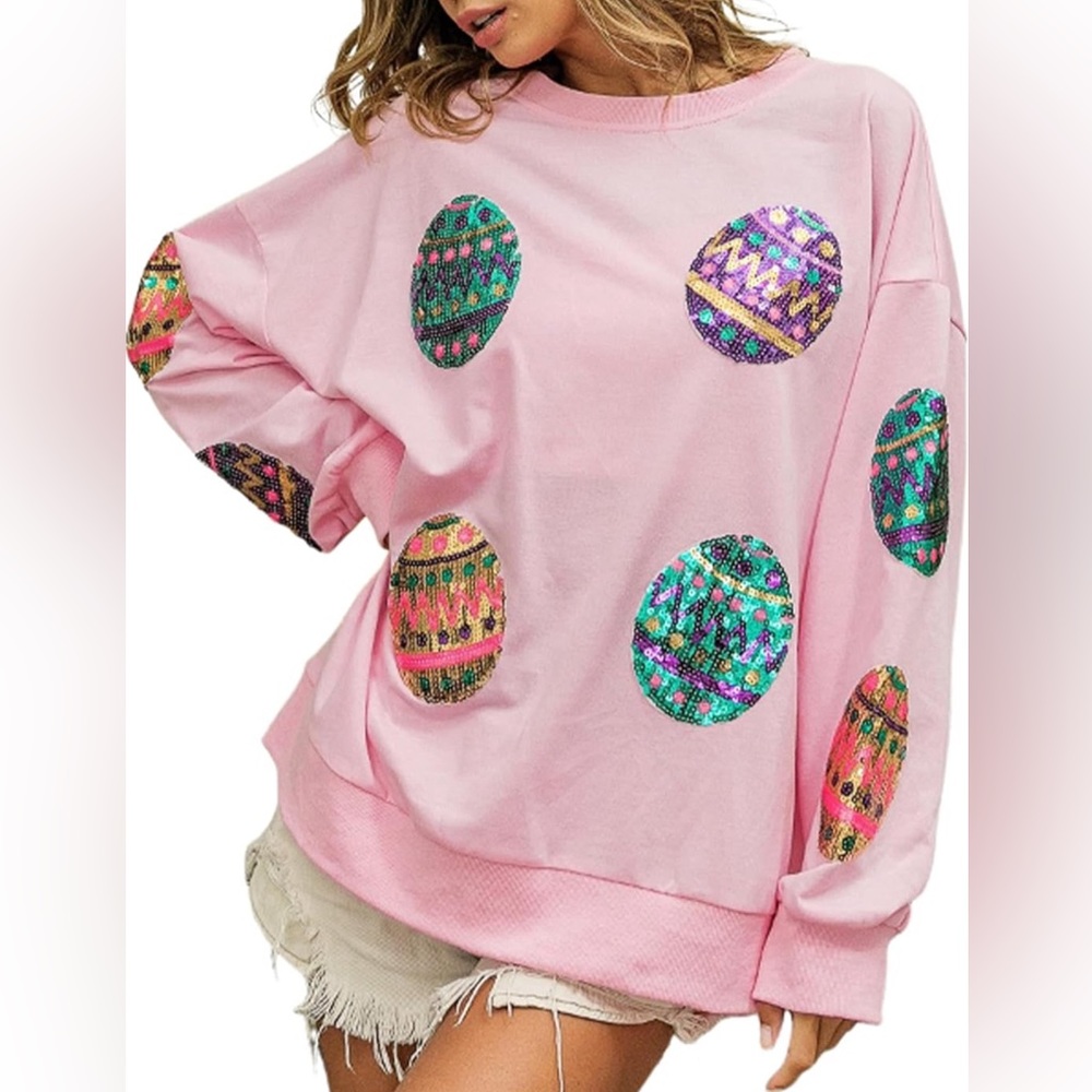 Sequin Easter Egg Patches Sweatshirt Oversized Crewneck/Long Sleeve Pullover
